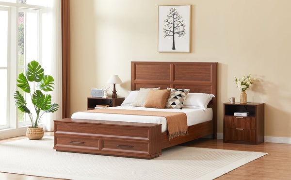English Elm Queen Platform Bed Walnut Finish 3d Geometric Headboard Four Storage Drawers Bench W1820S00090