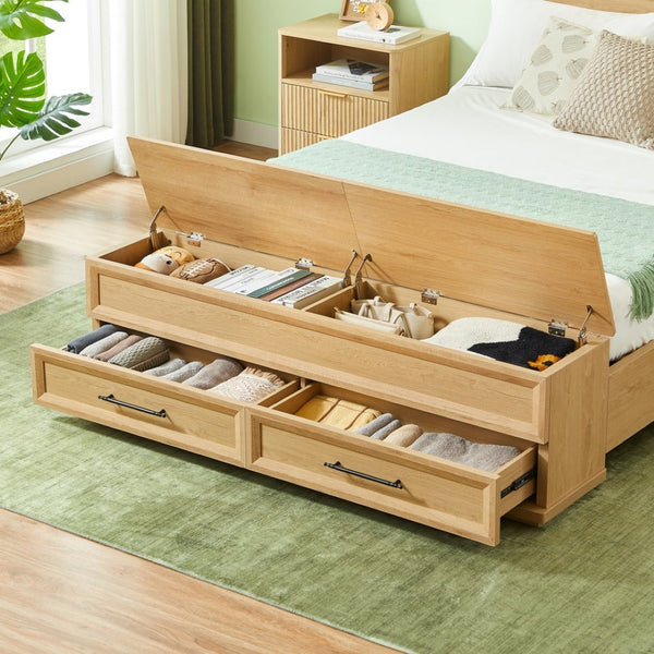 English Elm Queen Platform Bed Oak Finish 3d Grid Headboard Four Storage Drawers Modern Bedroom W1820S00091