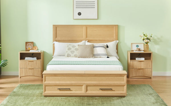 English Elm Queen Platform Bed Oak Finish 3d Grid Headboard Four Storage Drawers Modern Bedroom W1820S00091