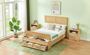 English Elm Queen Platform Bed Oak Finish 3d Grid Headboard Four Storage Drawers Modern Bedroom W1820S00091