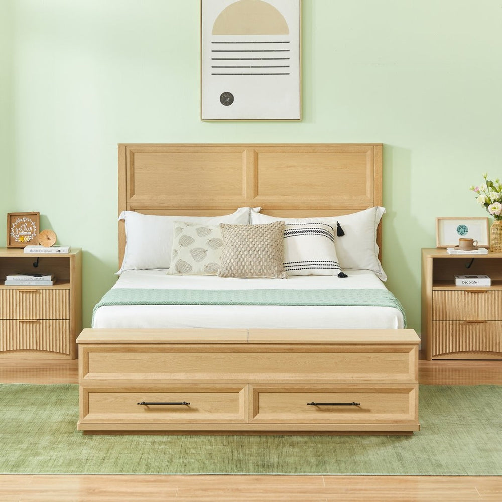 English Elm Queen Platform Bed Oak Finish 3d Grid Headboard Four Storage Drawers Modern Bedroom W1820S00091