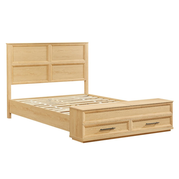 English Elm Queen Platform Bed Oak Finish 3d Grid Headboard Four Storage Drawers Modern Bedroom W1820S00091