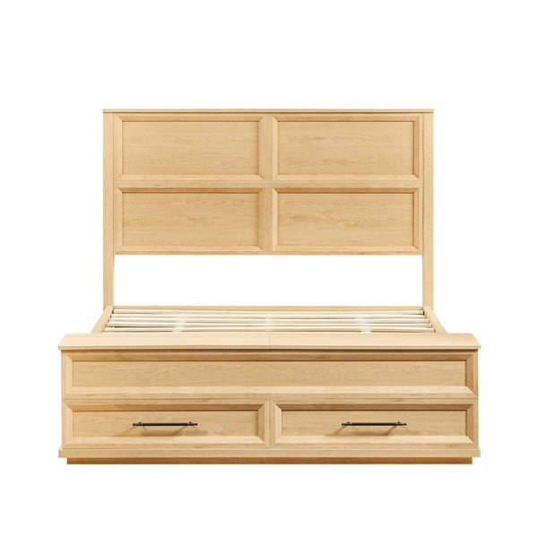 English Elm Queen Platform Bed Oak Finish 3d Grid Headboard Four Storage Drawers Modern Bedroom W1820S00091