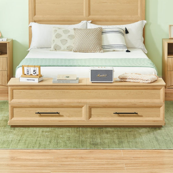 English Elm Queen Platform Bed Oak Finish 3d Grid Headboard Four Storage Drawers Modern Bedroom W1820S00091