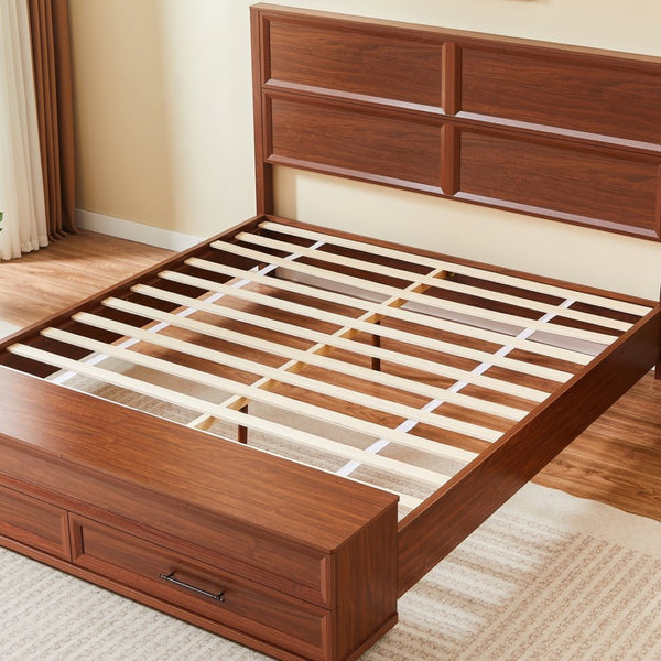 English Elm King Platform Bed with Geometric Grid Headboard Four Storage Drawers and Bench Walnut W1820S00092