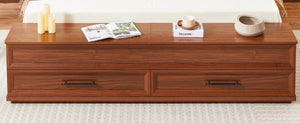 English Elm King Platform Bed with Geometric Grid Headboard Four Storage Drawers and Bench Walnut W1820S00092