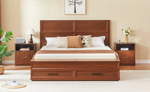 English Elm King Platform Bed with Geometric Grid Headboard Four Storage Drawers and Bench Walnut W1820S00092
