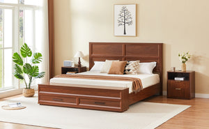 English Elm King Platform Bed with Geometric Grid Headboard Four Storage Drawers and Bench Walnut W1820S00092