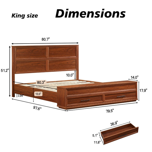 English Elm King Platform Bed with Geometric Grid Headboard Four Storage Drawers and Bench Walnut W1820S00092