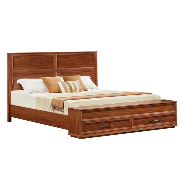 English Elm King Platform Bed with Geometric Grid Headboard Four Storage Drawers and Bench Walnut W1820S00092