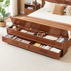 English Elm King Platform Bed with Geometric Grid Headboard Four Storage Drawers and Bench Walnut W1820S00092