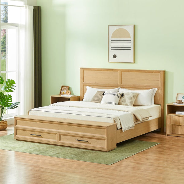 English Elm King Platform Bed with Geometric Grid Headboard Four Storage Drawers and Bench Oak W1820S00093