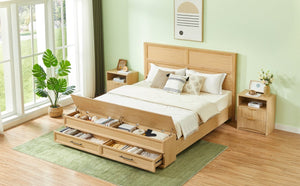 English Elm King Platform Bed with Geometric Grid Headboard Four Storage Drawers and Bench Oak W1820S00093