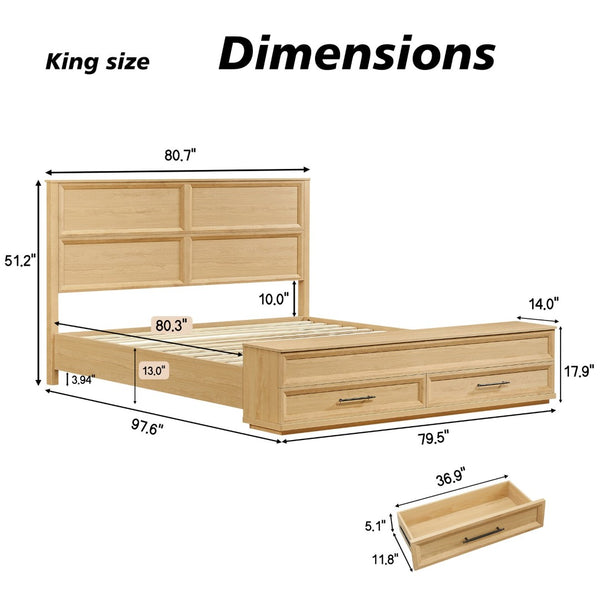English Elm King Platform Bed with Geometric Grid Headboard Four Storage Drawers and Bench Oak W1820S00093