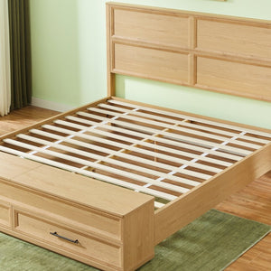 English Elm King Platform Bed with Geometric Grid Headboard Four Storage Drawers and Bench Oak W1820S00093