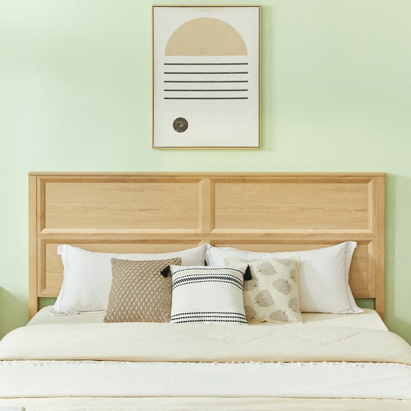 English Elm King Platform Bed with Geometric Grid Headboard Four Storage Drawers and Bench Oak W1820S00093