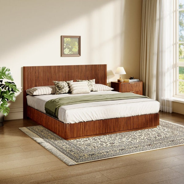 English Elm Kind Size Platform Bed Sculptural Grooved Headboard with Integrated LED Ambiance Lighting Walnut W1820S00094