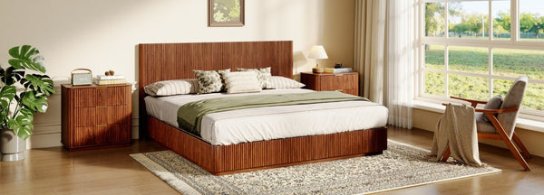 English Elm Kind Size Platform Bed Sculptural Grooved Headboard with Integrated LED Ambiance Lighting Walnut W1820S00094