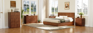 English Elm Kind Size Platform Bed Sculptural Grooved Headboard with Integrated LED Ambiance Lighting Walnut W1820S00094
