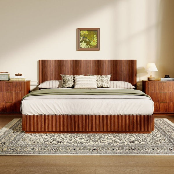 English Elm Kind Size Platform Bed Sculptural Grooved Headboard with Integrated LED Ambiance Lighting Walnut W1820S00094