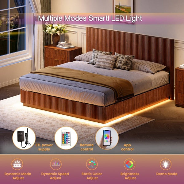 English Elm Kind Size Platform Bed Sculptural Grooved Headboard with Integrated LED Ambiance Lighting Walnut W1820S00094