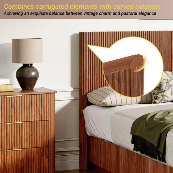 English Elm Kind Size Platform Bed Sculptural Grooved Headboard with Integrated LED Ambiance Lighting Walnut W1820S00094