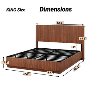 English Elm Kind Size Platform Bed Sculptural Grooved Headboard with Integrated LED Ambiance Lighting Walnut W1820S00094