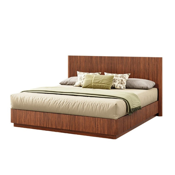 English Elm Kind Size Platform Bed Sculptural Grooved Headboard with Integrated LED Ambiance Lighting Walnut W1820S00094
