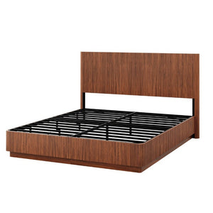 English Elm Kind Size Platform Bed Sculptural Grooved Headboard with Integrated LED Ambiance Lighting Walnut W1820S00094