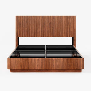 English Elm Kind Size Platform Bed Sculptural Grooved Headboard with Integrated LED Ambiance Lighting Walnut W1820S00094