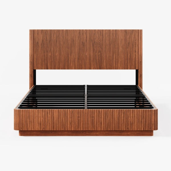 English Elm Kind Size Platform Bed Sculptural Grooved Headboard with Integrated LED Ambiance Lighting Walnut W1820S00094
