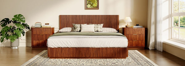 English Elm Kind Size Platform Bed Sculptural Grooved Headboard with Integrated LED Ambiance Lighting Walnut W1820S00094