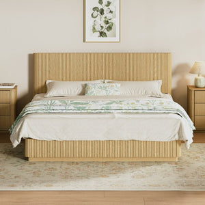 English Elm Kind Size Platform Bed Sculptural Grooved Headboard with Integrated LED Ambiance Lighting Oak W1820S00095