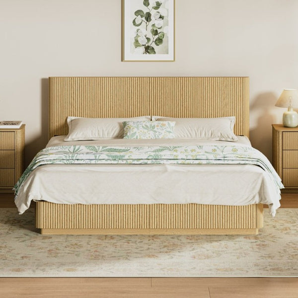 English Elm Kind Size Platform Bed Sculptural Grooved Headboard with Integrated LED Ambiance Lighting Oak W1820S00095