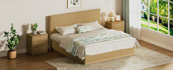 English Elm Kind Size Platform Bed Sculptural Grooved Headboard with Integrated LED Ambiance Lighting Oak W1820S00095