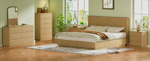 English Elm Kind Size Platform Bed Sculptural Grooved Headboard with Integrated LED Ambiance Lighting Oak W1820S00095