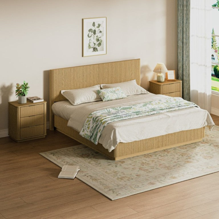 English Elm Kind Size Platform Bed Sculptural Grooved Headboard with Integrated LED Ambiance Lighting Oak W1820S00095