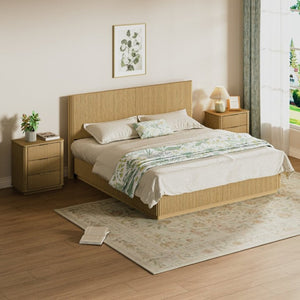 English Elm Kind Size Platform Bed Sculptural Grooved Headboard with Integrated LED Ambiance Lighting Oak W1820S00095