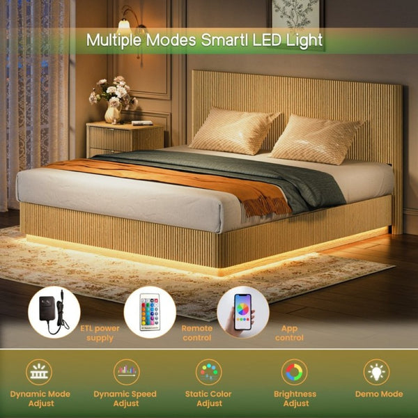 English Elm Kind Size Platform Bed Sculptural Grooved Headboard with Integrated LED Ambiance Lighting Oak W1820S00095