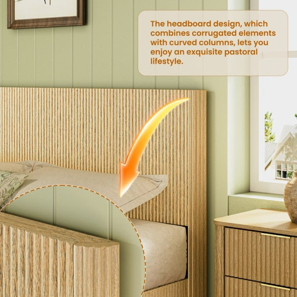 English Elm Kind Size Platform Bed Sculptural Grooved Headboard with Integrated LED Ambiance Lighting Oak W1820S00095