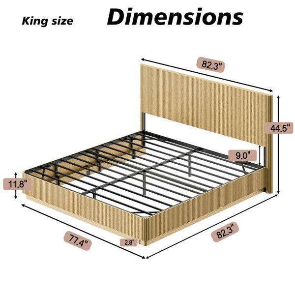 English Elm Kind Size Platform Bed Sculptural Grooved Headboard with Integrated LED Ambiance Lighting Oak W1820S00095
