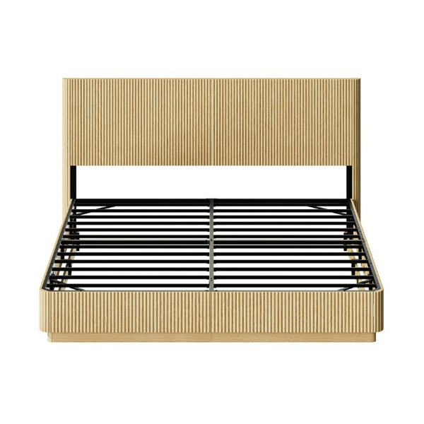 English Elm Kind Size Platform Bed Sculptural Grooved Headboard with Integrated LED Ambiance Lighting Oak W1820S00095
