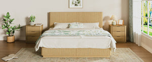 English Elm Kind Size Platform Bed Sculptural Grooved Headboard with Integrated LED Ambiance Lighting Oak W1820S00095