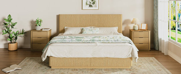 English Elm Kind Size Platform Bed Sculptural Grooved Headboard with Integrated LED Ambiance Lighting Oak W1820S00095