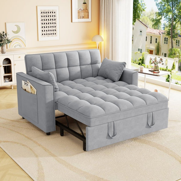 English Elm Sleeper Loveseat Sofa with Velvet Upholstery Foldable Bed and Side Pockets for Apartments Gray W1825P332359