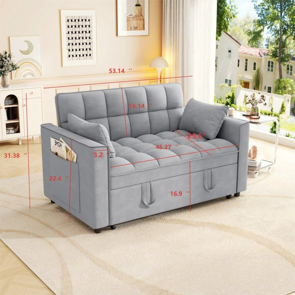 English Elm Sleeper Loveseat Sofa with Velvet Upholstery Foldable Bed and Side Pockets for Apartments Gray W1825P332359