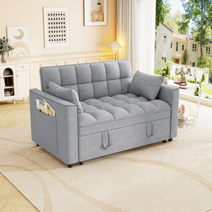 English Elm Sleeper Loveseat Sofa with Velvet Upholstery Foldable Bed and Side Pockets for Apartments Gray W1825P332359