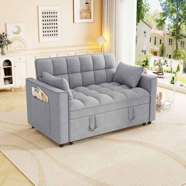 English Elm Sleeper Loveseat Sofa with Velvet Upholstery Foldable Bed and Side Pockets for Apartments Gray W1825P332359