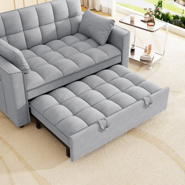 English Elm Sleeper Loveseat Sofa with Velvet Upholstery Foldable Bed and Side Pockets for Apartments Gray W1825P332359