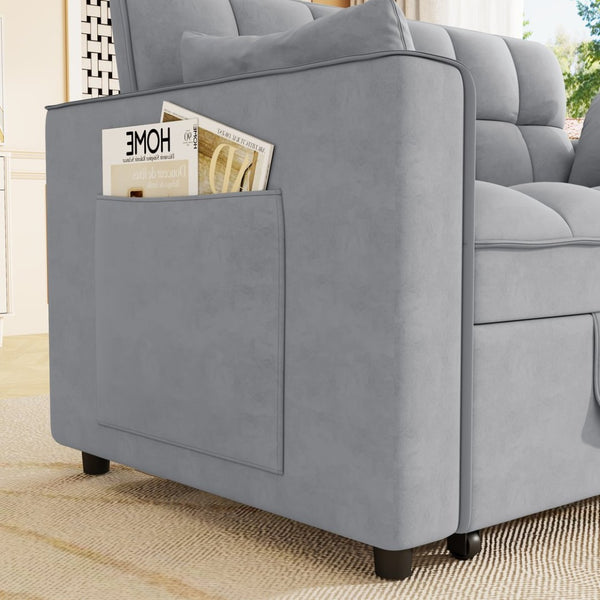 English Elm Sleeper Loveseat Sofa with Velvet Upholstery Foldable Bed and Side Pockets for Apartments Gray W1825P332359